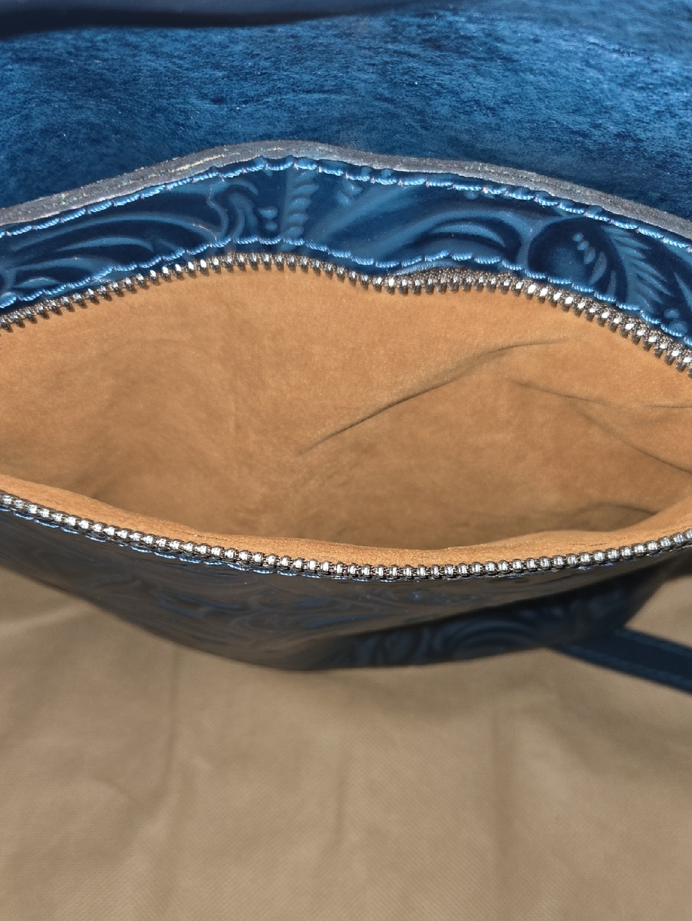 Patricia Nash Navy Embossed Leather Crossbody with Tan Tassel - Picture 8 of 14